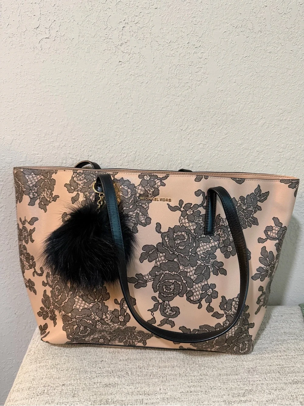 Michael Kors Blush Pink Floral Lace Tote with Black Pom